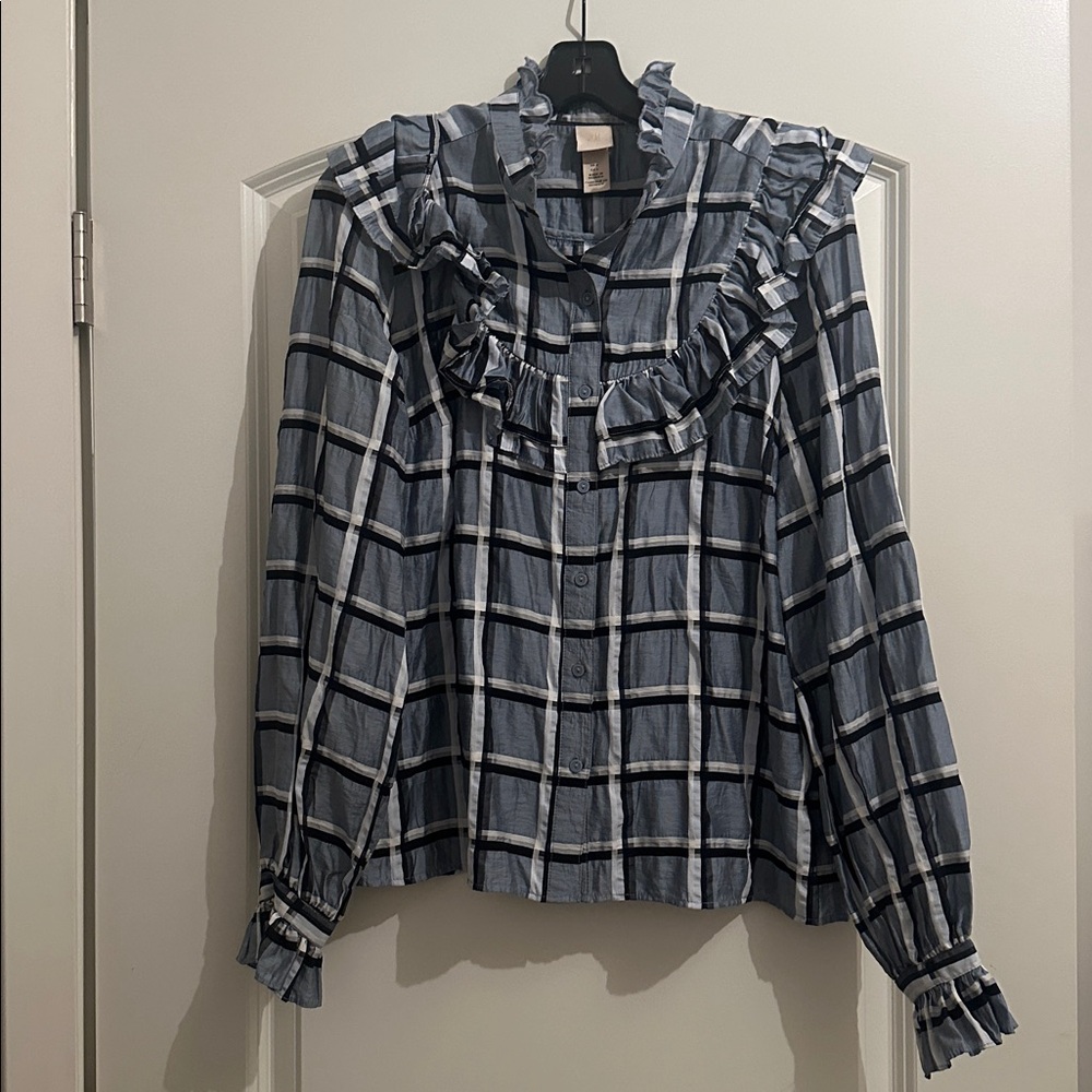H&M Light Blue and White Checkered Top